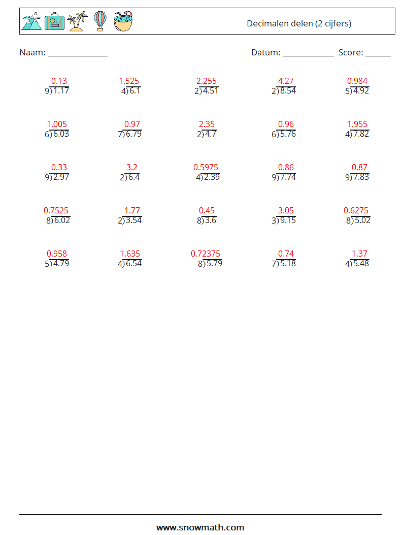 (25) Decimalen delen (2 cijfers) Wiskundige werkbladen 17 Vraag, Antwoord