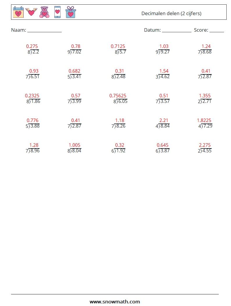 (25) Decimalen delen (2 cijfers) Wiskundige werkbladen 18 Vraag, Antwoord