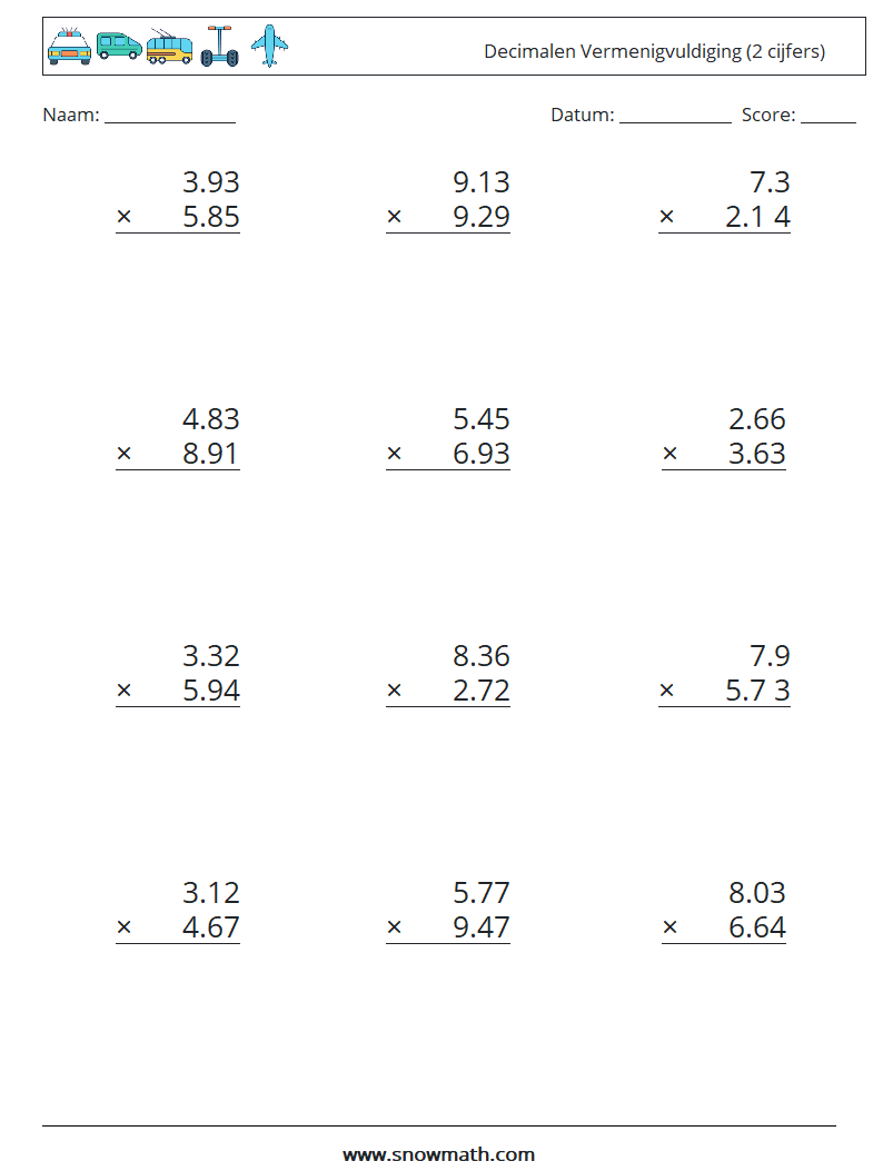 (12) Decimalen Vermenigvuldiging (2 cijfers) Wiskundige werkbladen 10