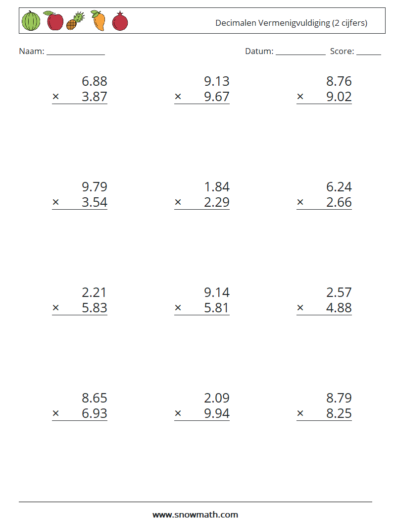 (12) Decimalen Vermenigvuldiging (2 cijfers) Wiskundige werkbladen 11