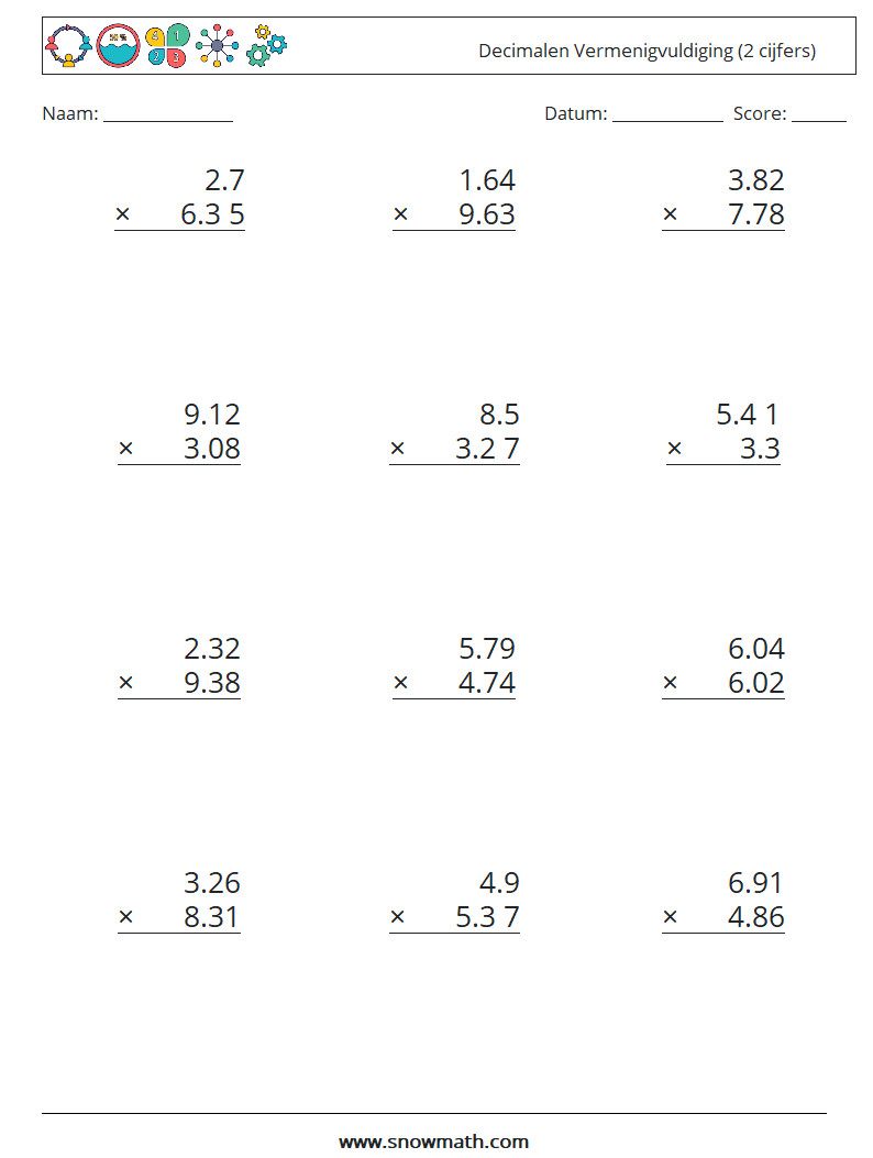 (12) Decimalen Vermenigvuldiging (2 cijfers) Wiskundige werkbladen 13