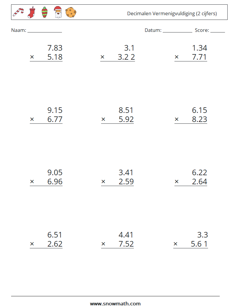 (12) Decimalen Vermenigvuldiging (2 cijfers) Wiskundige werkbladen 14