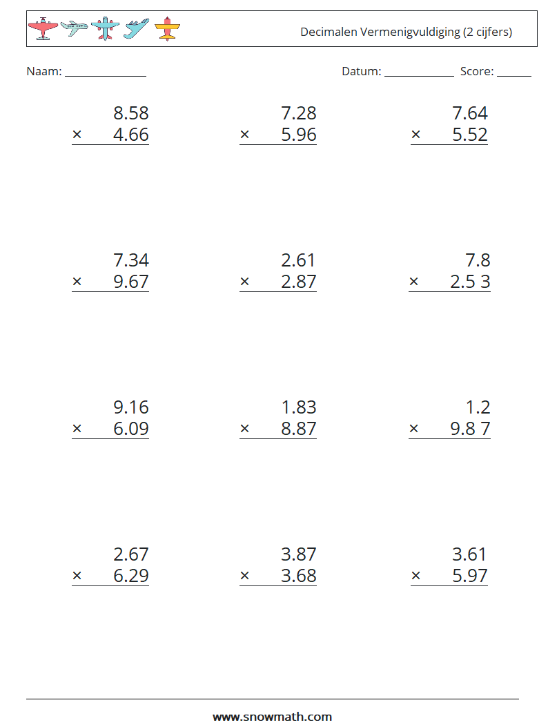 (12) Decimalen Vermenigvuldiging (2 cijfers) Wiskundige werkbladen 15