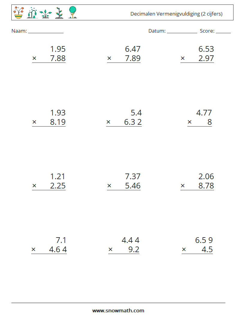 (12) Decimalen Vermenigvuldiging (2 cijfers) Wiskundige werkbladen 16