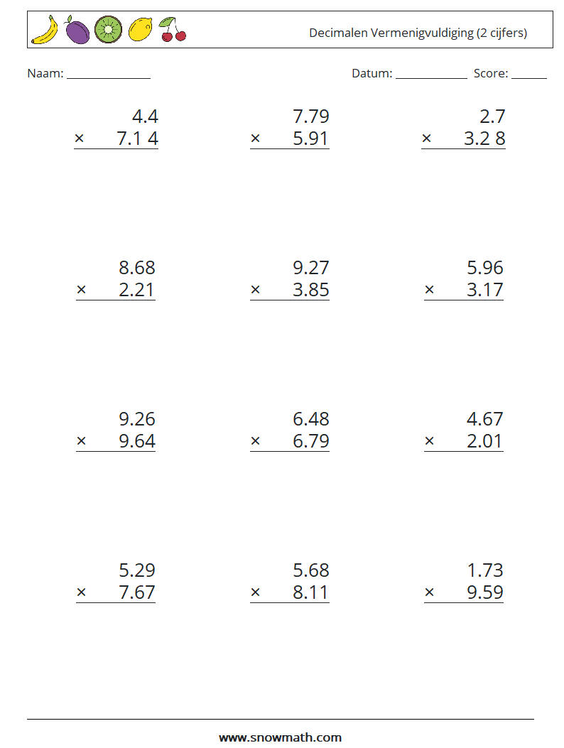 (12) Decimalen Vermenigvuldiging (2 cijfers) Wiskundige werkbladen 17