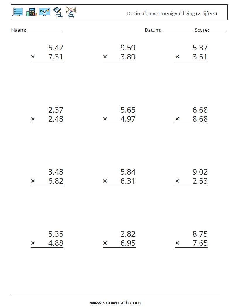 (12) Decimalen Vermenigvuldiging (2 cijfers) Wiskundige werkbladen 2