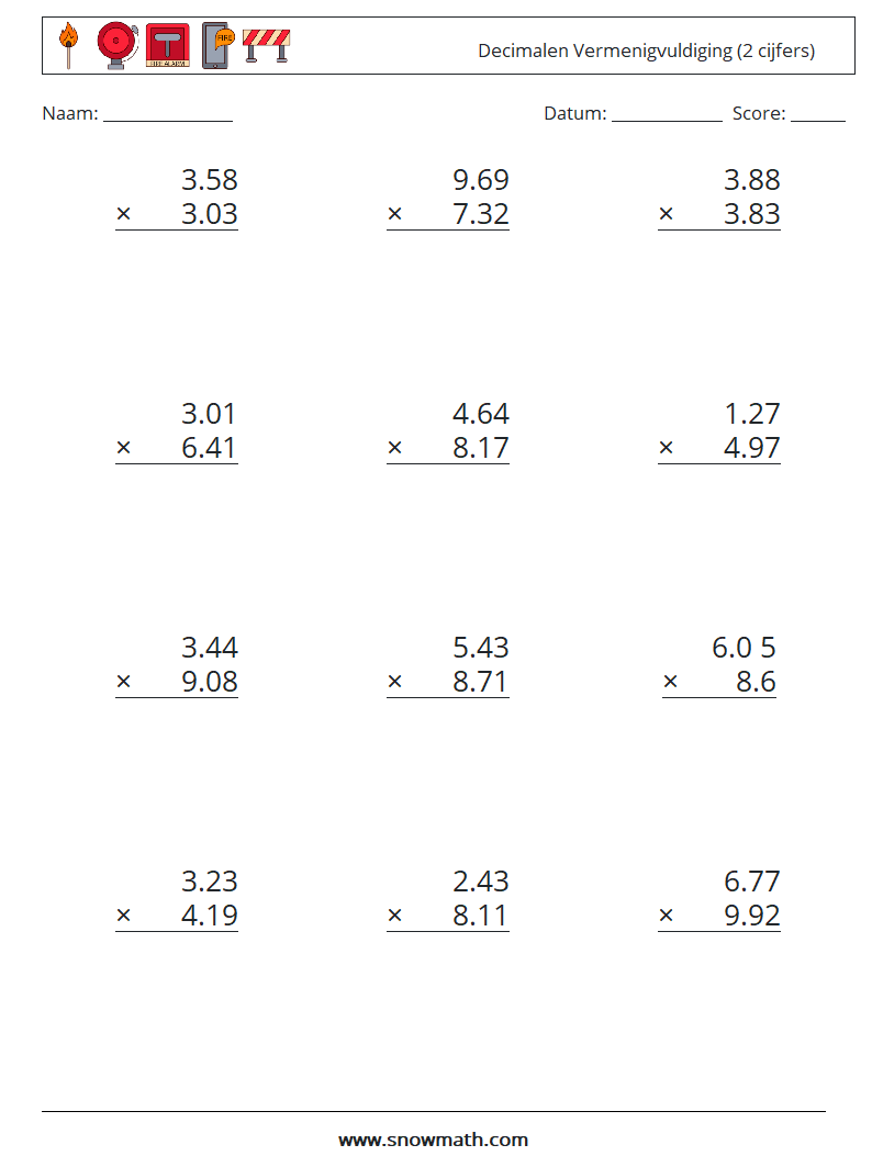 (12) Decimalen Vermenigvuldiging (2 cijfers) Wiskundige werkbladen 3