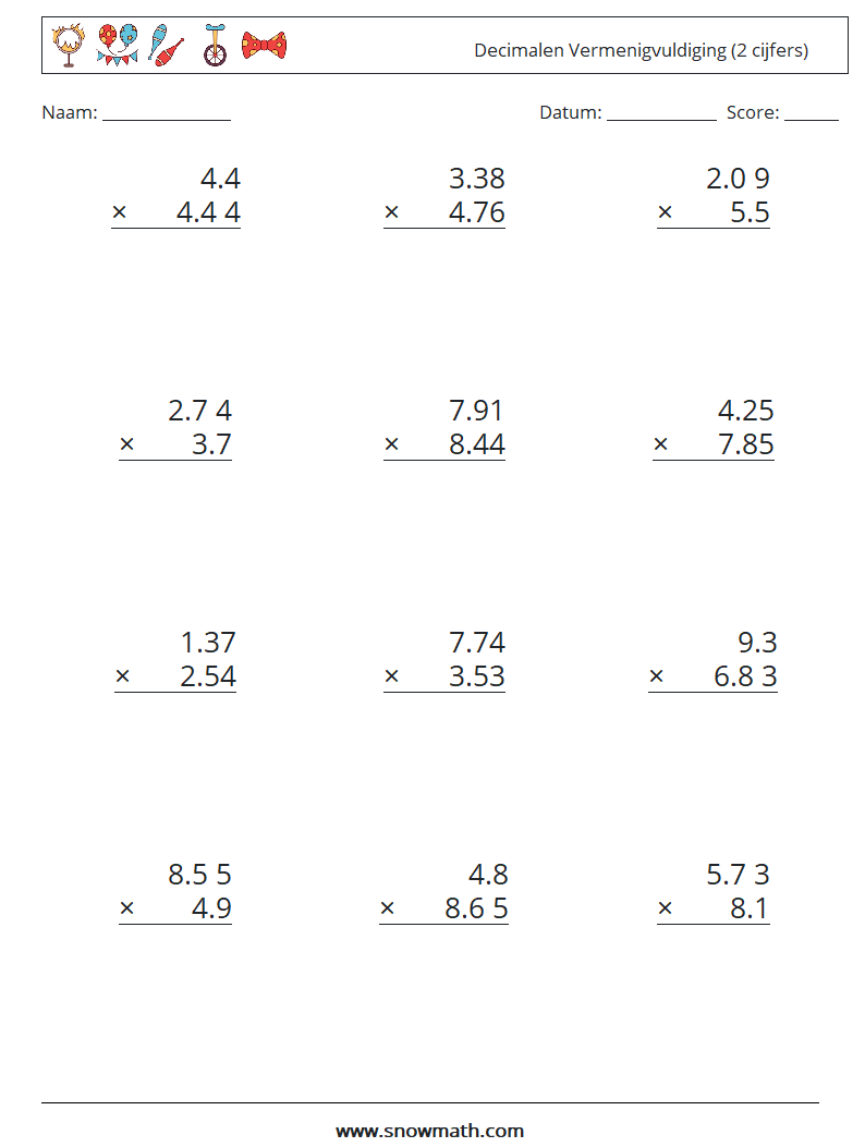 (12) Decimalen Vermenigvuldiging (2 cijfers) Wiskundige werkbladen 4