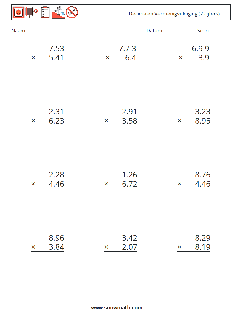 (12) Decimalen Vermenigvuldiging (2 cijfers) Wiskundige werkbladen 5