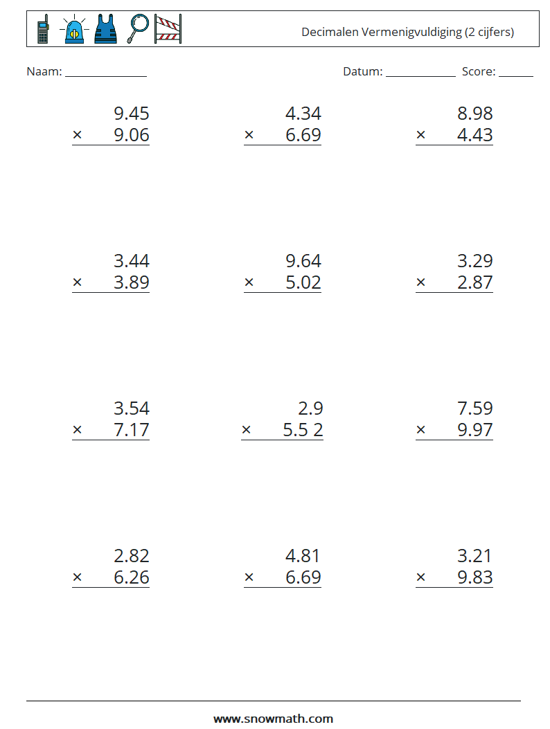 (12) Decimalen Vermenigvuldiging (2 cijfers) Wiskundige werkbladen 6