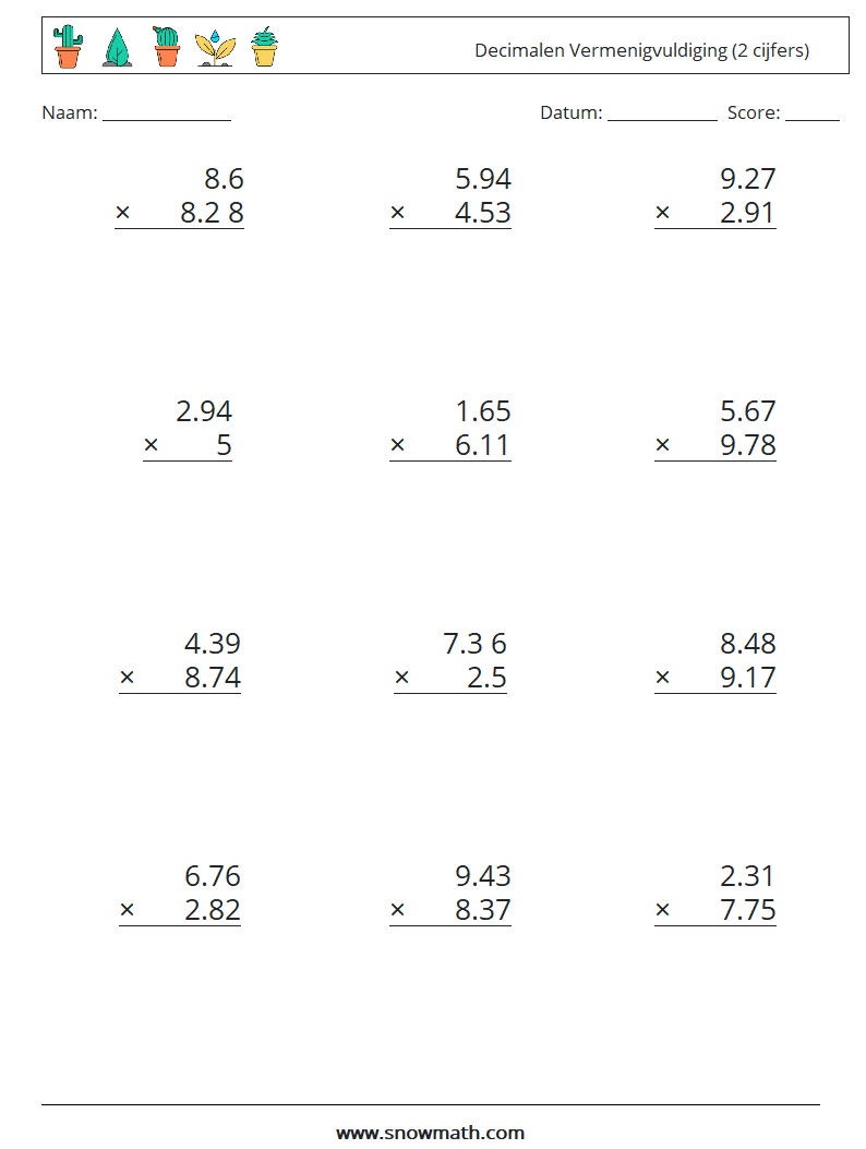 (12) Decimalen Vermenigvuldiging (2 cijfers) Wiskundige werkbladen 7