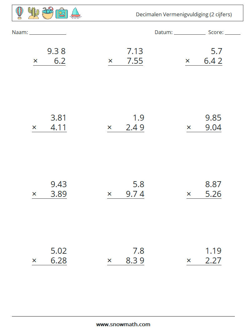 (12) Decimalen Vermenigvuldiging (2 cijfers) Wiskundige werkbladen 8