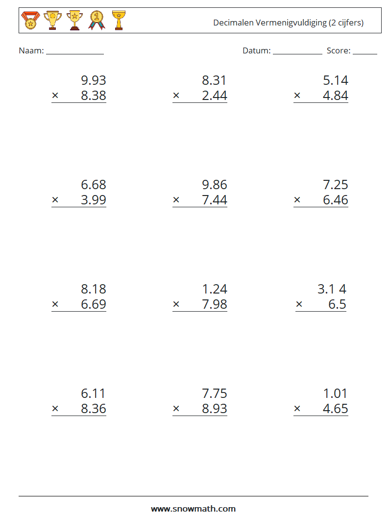 (12) Decimalen Vermenigvuldiging (2 cijfers) Wiskundige werkbladen 9