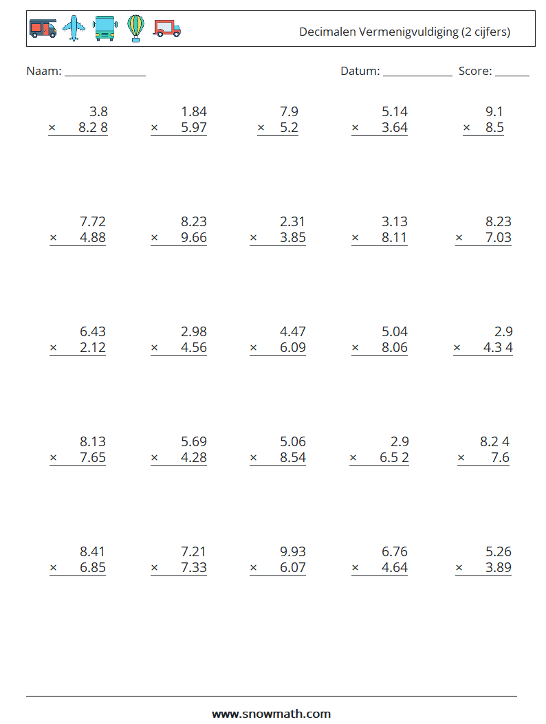 (25) Decimalen Vermenigvuldiging (2 cijfers) Wiskundige werkbladen 10