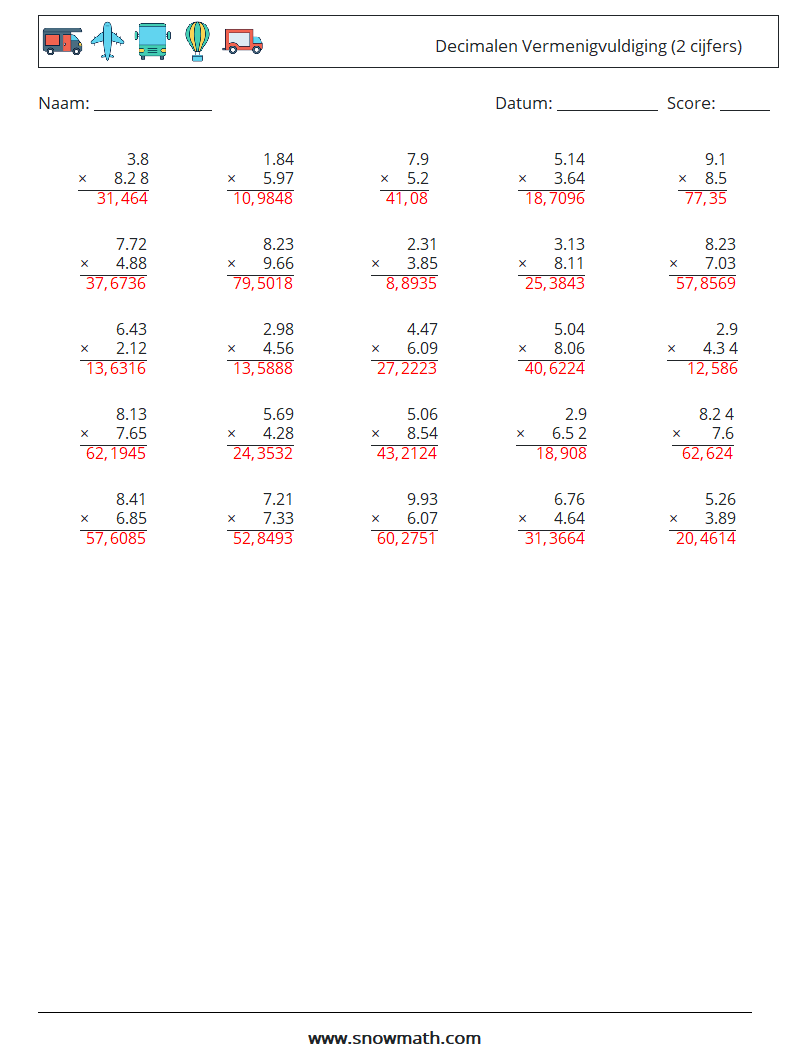 (25) Decimalen Vermenigvuldiging (2 cijfers) Wiskundige werkbladen 10 Vraag, Antwoord
