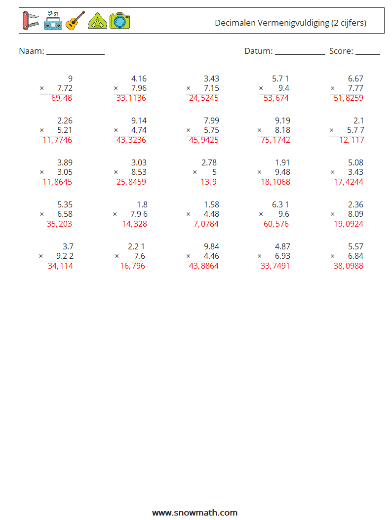 (25) Decimalen Vermenigvuldiging (2 cijfers) Wiskundige werkbladen 12 Vraag, Antwoord