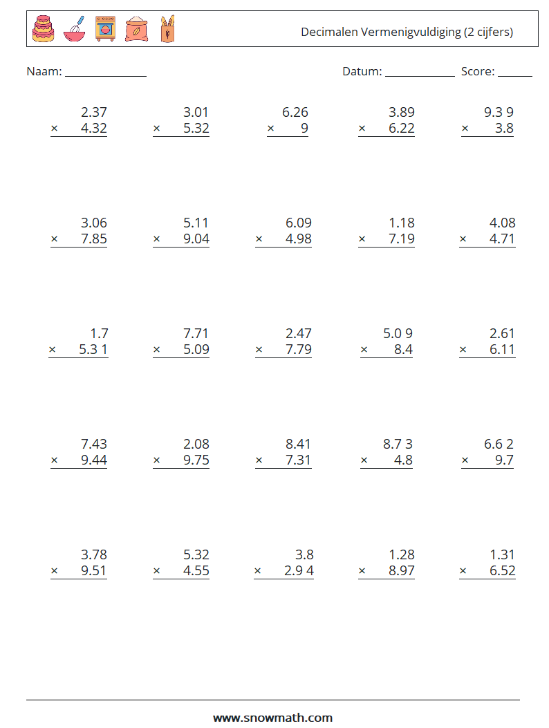 (25) Decimalen Vermenigvuldiging (2 cijfers) Wiskundige werkbladen 13
