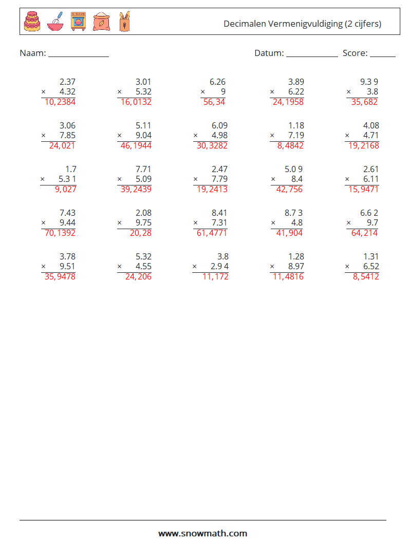 (25) Decimalen Vermenigvuldiging (2 cijfers) Wiskundige werkbladen 13 Vraag, Antwoord