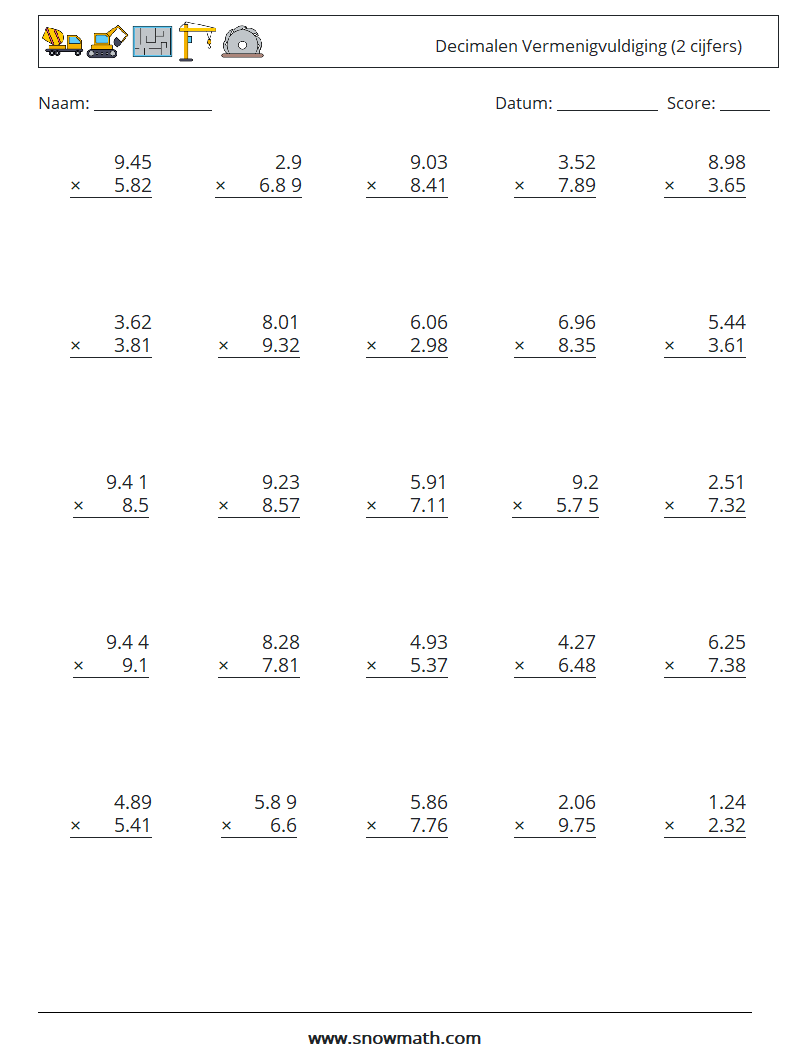 (25) Decimalen Vermenigvuldiging (2 cijfers) Wiskundige werkbladen 14
