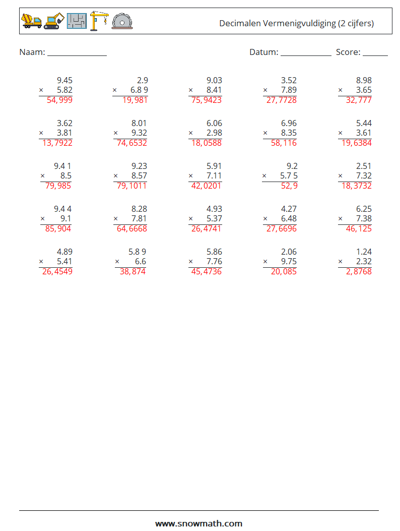 (25) Decimalen Vermenigvuldiging (2 cijfers) Wiskundige werkbladen 14 Vraag, Antwoord