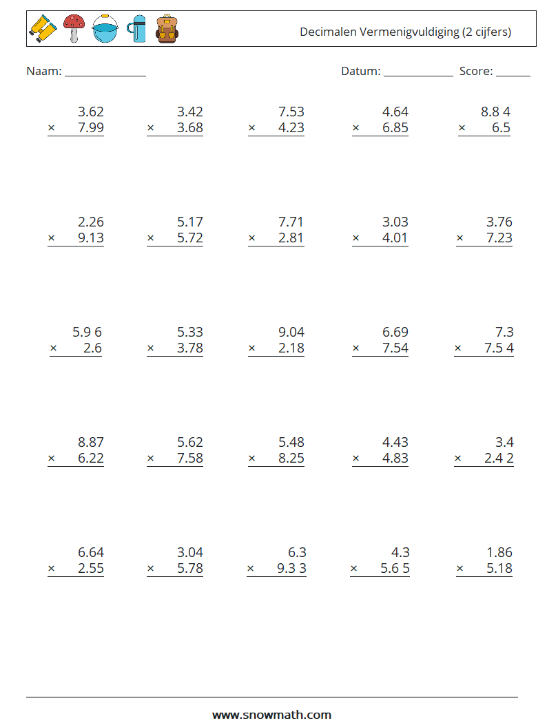 (25) Decimalen Vermenigvuldiging (2 cijfers) Wiskundige werkbladen 15