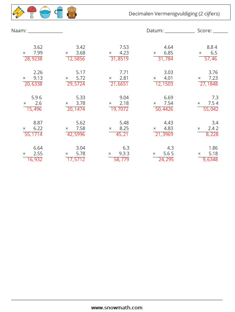 (25) Decimalen Vermenigvuldiging (2 cijfers) Wiskundige werkbladen 15 Vraag, Antwoord