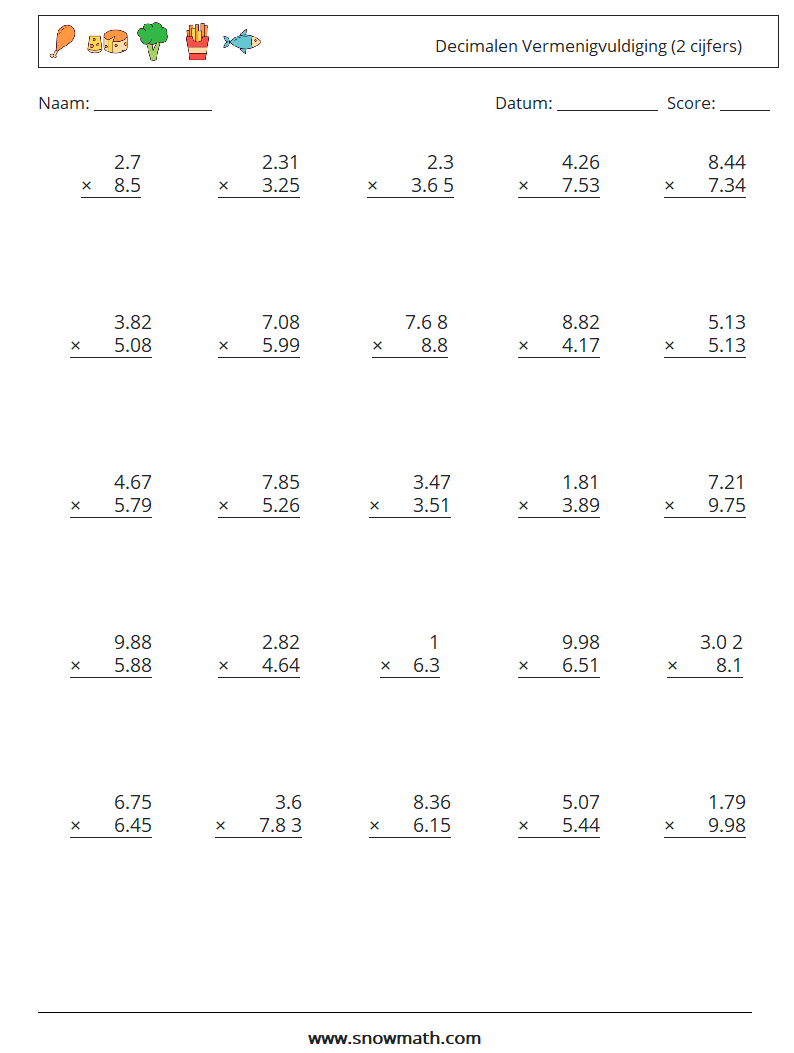 (25) Decimalen Vermenigvuldiging (2 cijfers) Wiskundige werkbladen 16