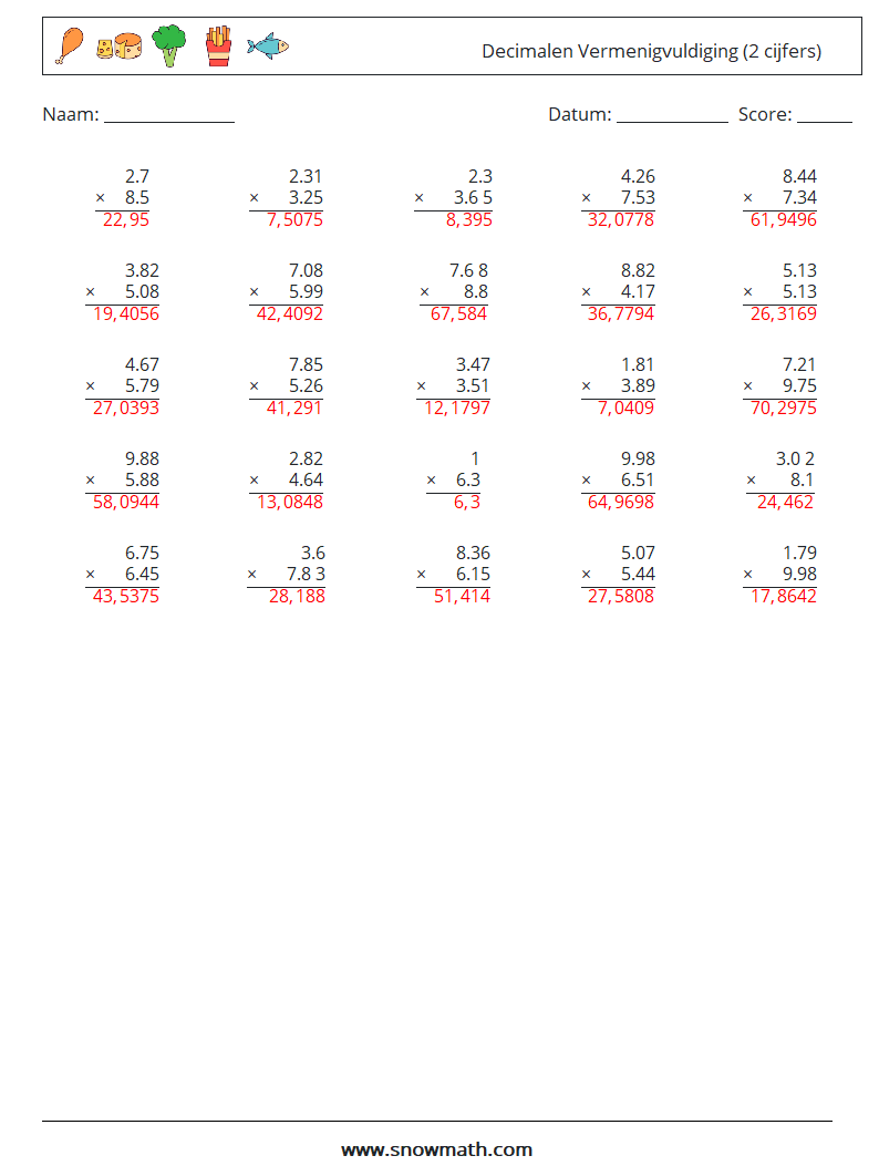 (25) Decimalen Vermenigvuldiging (2 cijfers) Wiskundige werkbladen 16 Vraag, Antwoord