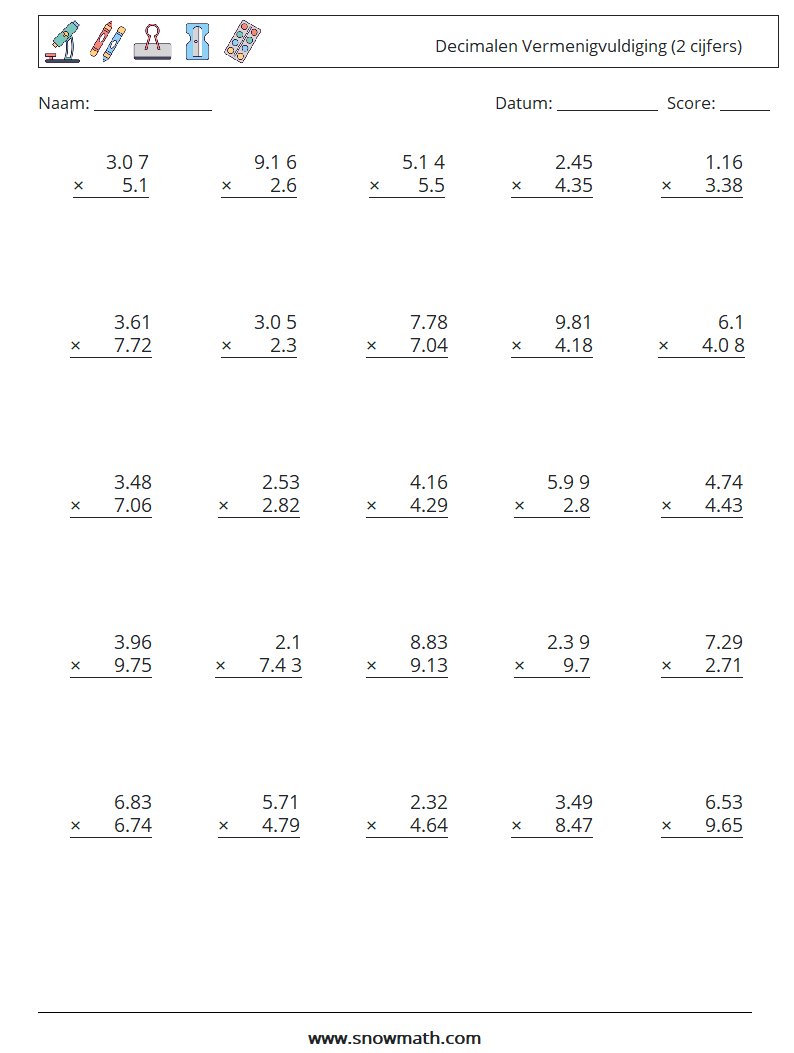 (25) Decimalen Vermenigvuldiging (2 cijfers) Wiskundige werkbladen 17