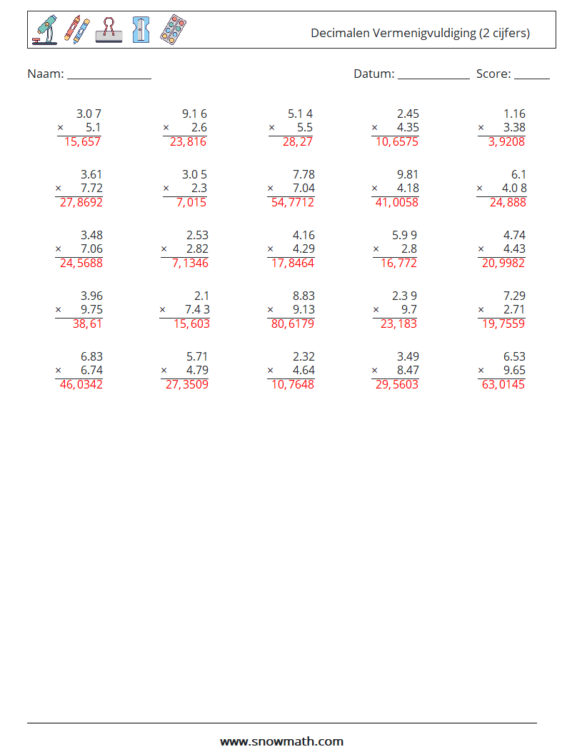 (25) Decimalen Vermenigvuldiging (2 cijfers) Wiskundige werkbladen 17 Vraag, Antwoord