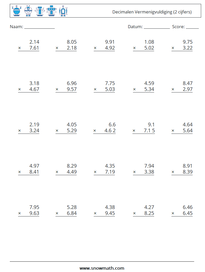 (25) Decimalen Vermenigvuldiging (2 cijfers) Wiskundige werkbladen 18