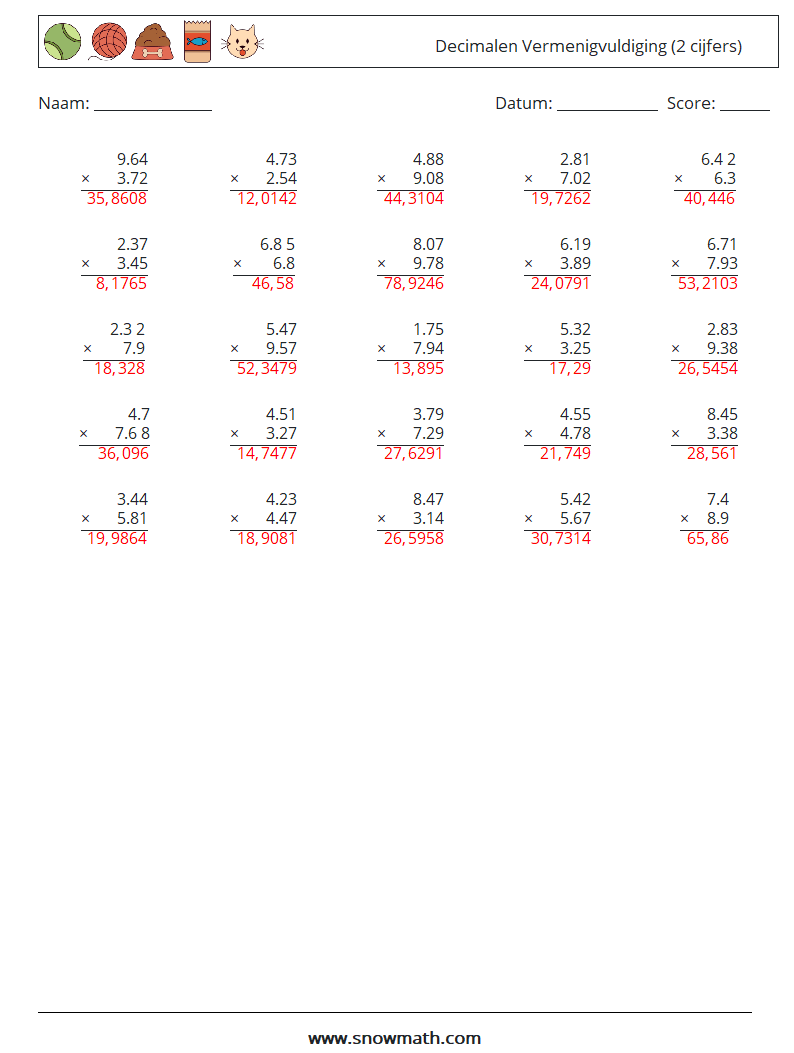 (25) Decimalen Vermenigvuldiging (2 cijfers) Wiskundige werkbladen 1 Vraag, Antwoord