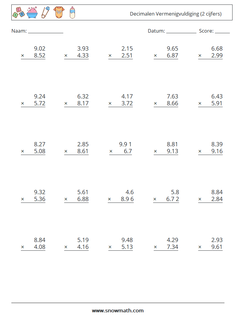 (25) Decimalen Vermenigvuldiging (2 cijfers) Wiskundige werkbladen 2