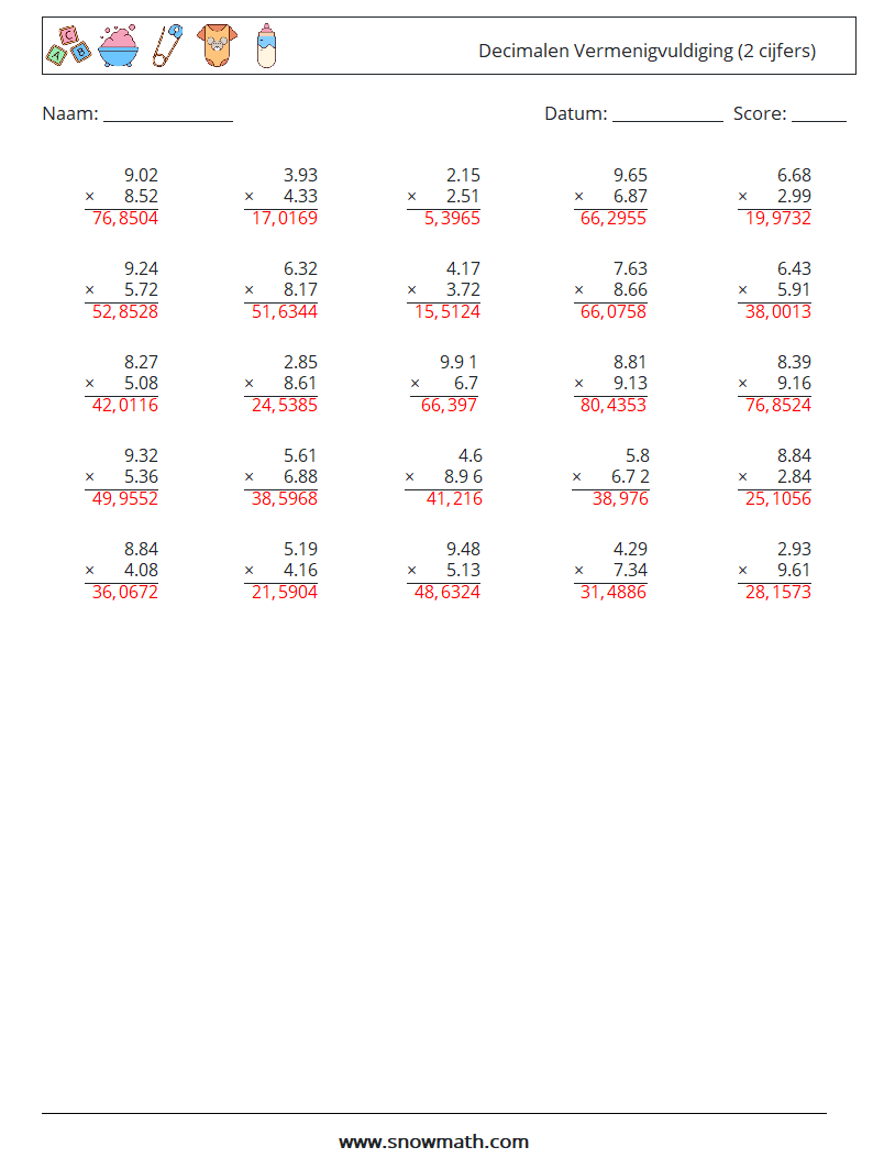 (25) Decimalen Vermenigvuldiging (2 cijfers) Wiskundige werkbladen 2 Vraag, Antwoord