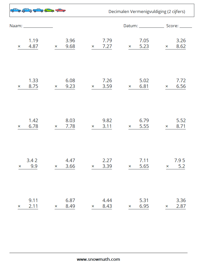 (25) Decimalen Vermenigvuldiging (2 cijfers) Wiskundige werkbladen 3