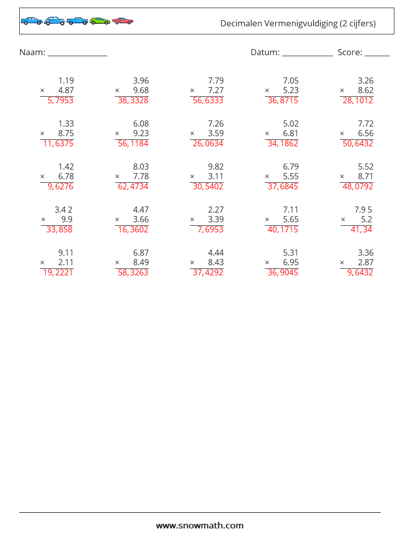 (25) Decimalen Vermenigvuldiging (2 cijfers) Wiskundige werkbladen 3 Vraag, Antwoord