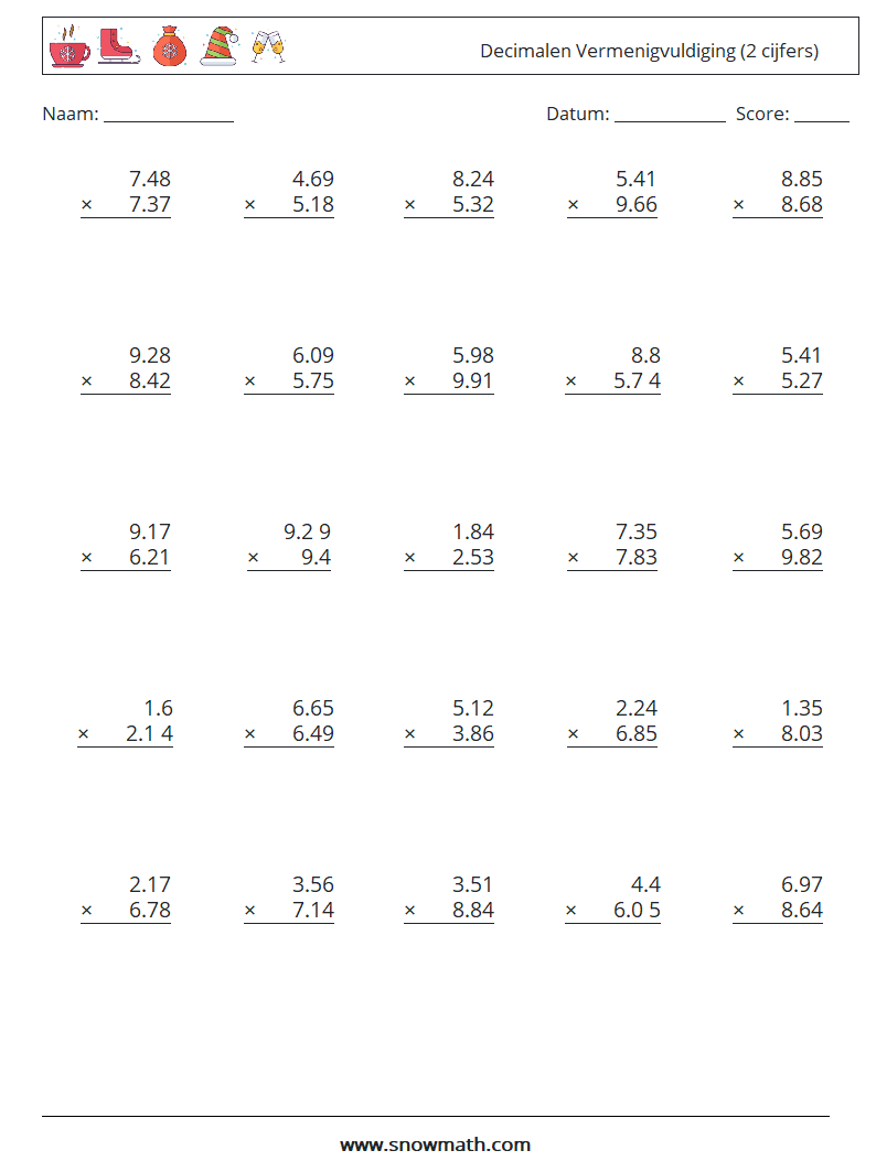 (25) Decimalen Vermenigvuldiging (2 cijfers) Wiskundige werkbladen 4