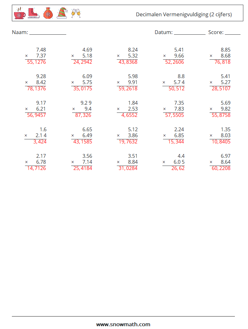 (25) Decimalen Vermenigvuldiging (2 cijfers) Wiskundige werkbladen 4 Vraag, Antwoord