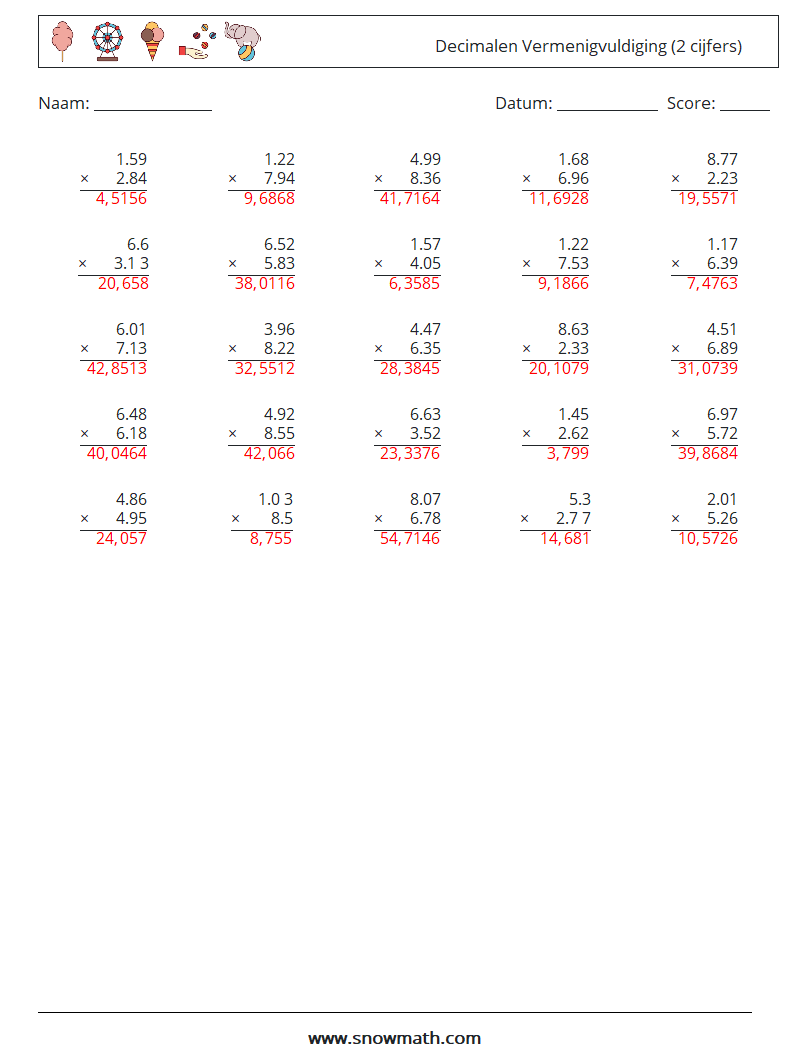 (25) Decimalen Vermenigvuldiging (2 cijfers) Wiskundige werkbladen 5 Vraag, Antwoord