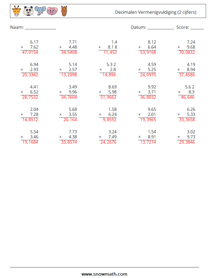 (25) Decimalen Vermenigvuldiging (2 cijfers) Wiskundige werkbladen 7 Vraag, Antwoord