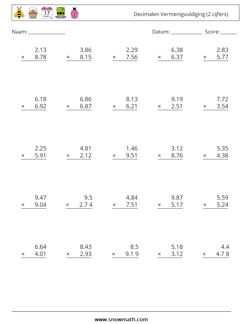 (25) Decimalen Vermenigvuldiging (2 cijfers) Wiskundige werkbladen 8