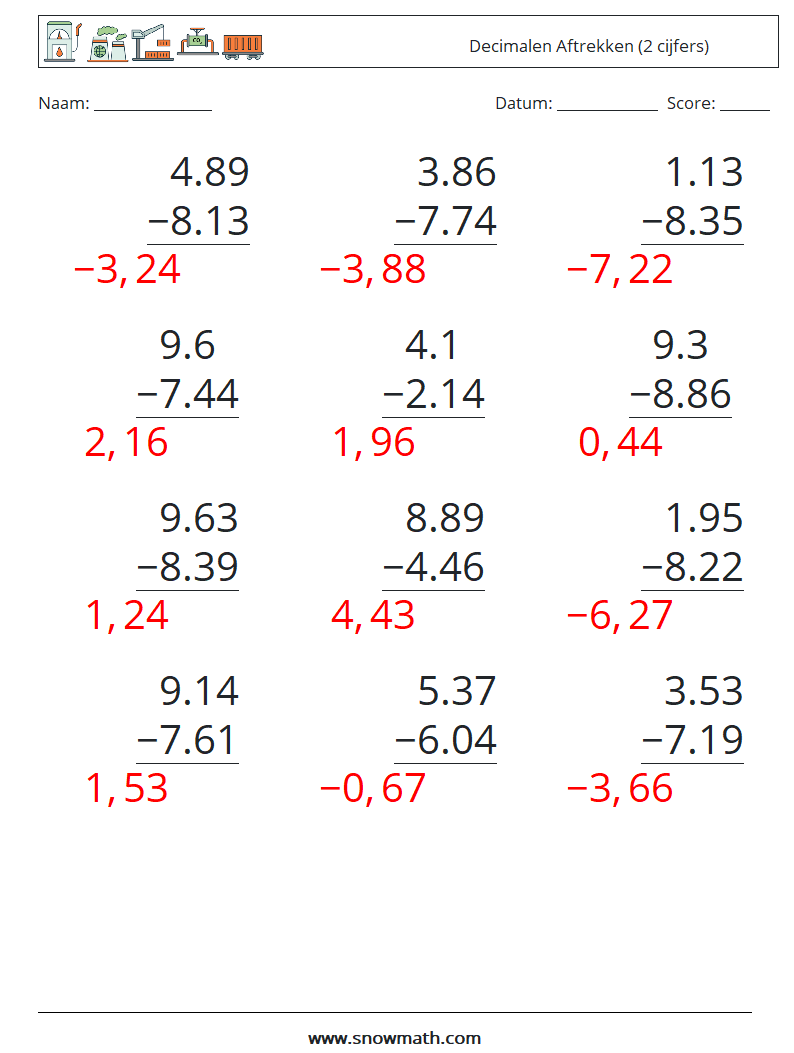 (12) Decimalen Aftrekken (2 cijfers) Wiskundige werkbladen 12 Vraag, Antwoord