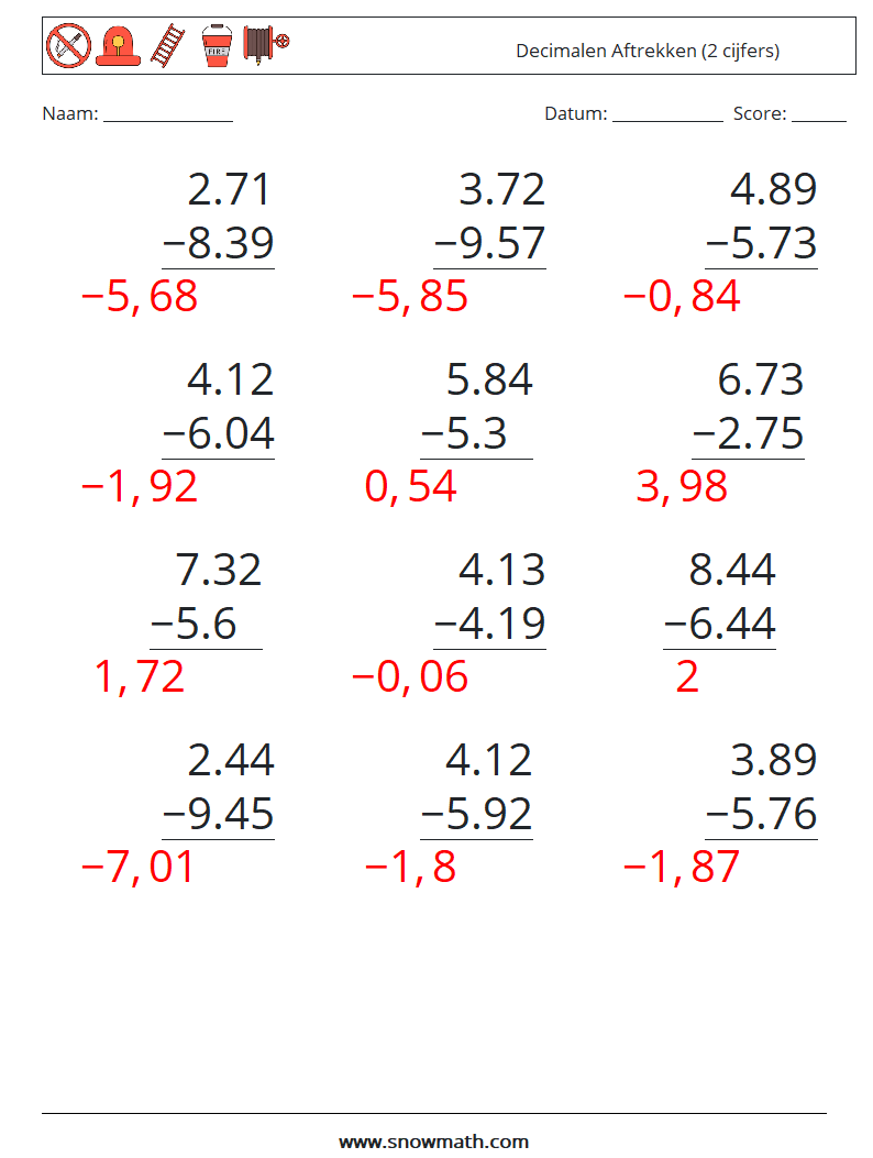 (12) Decimalen Aftrekken (2 cijfers) Wiskundige werkbladen 13 Vraag, Antwoord