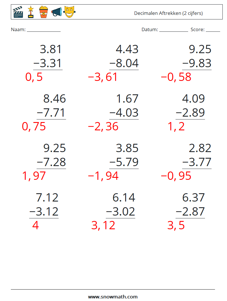 (12) Decimalen Aftrekken (2 cijfers) Wiskundige werkbladen 14 Vraag, Antwoord