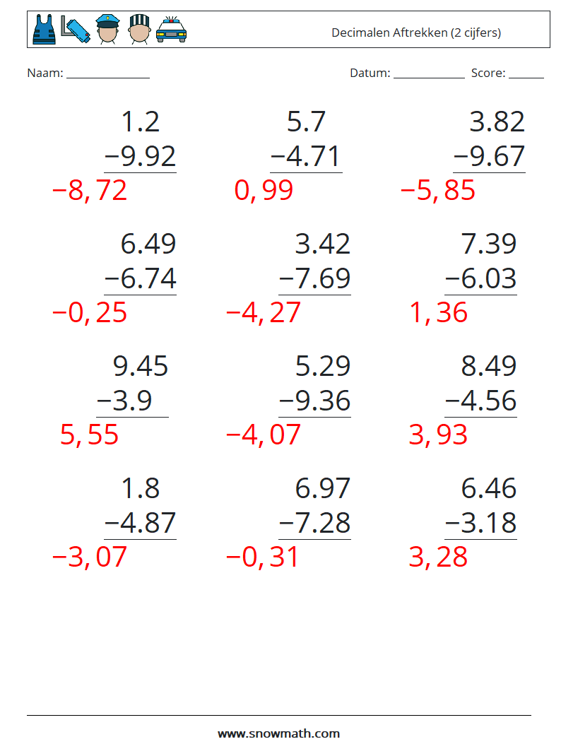 (12) Decimalen Aftrekken (2 cijfers) Wiskundige werkbladen 18 Vraag, Antwoord