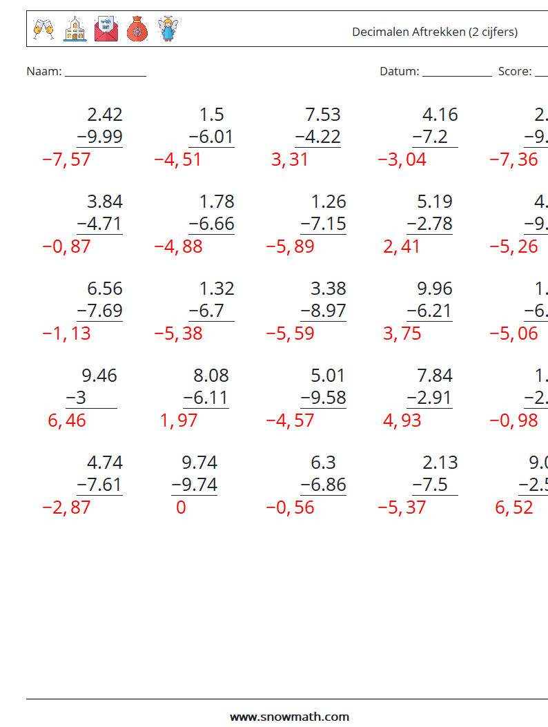(25) Decimalen Aftrekken (2 cijfers) Wiskundige werkbladen 18 Vraag, Antwoord