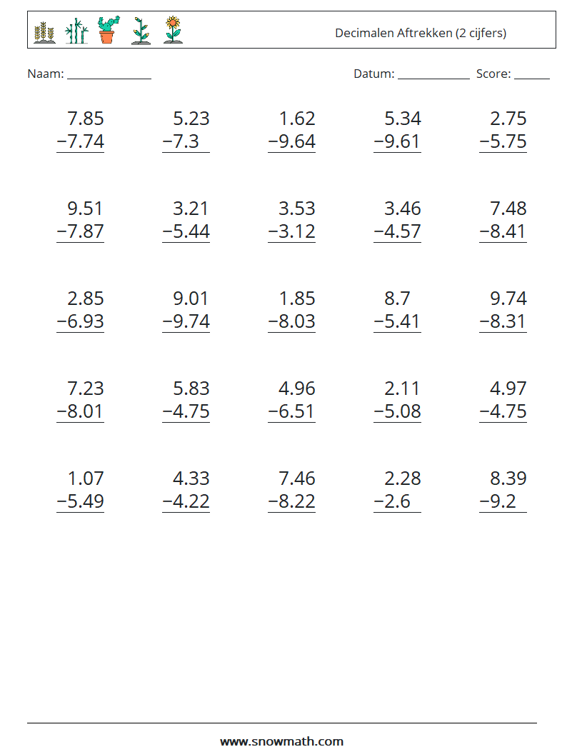 (25) Decimalen Aftrekken (2 cijfers) Wiskundige werkbladen 9
