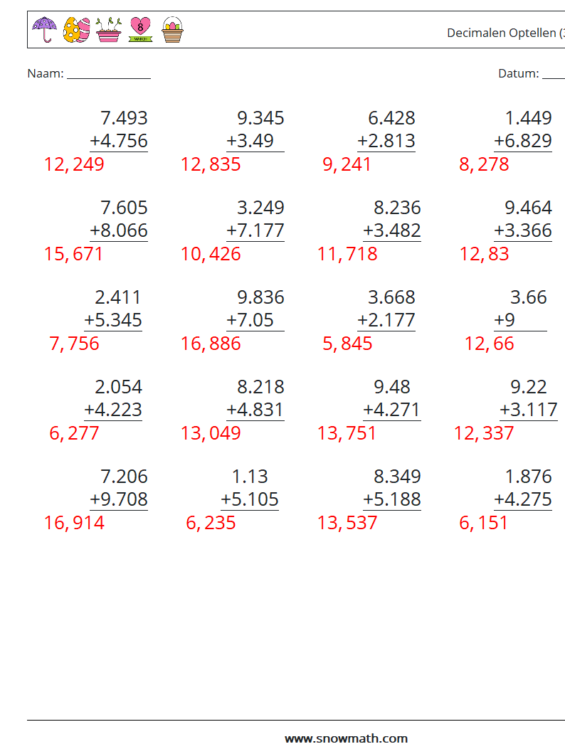 (25) Decimalen Optellen (3 cijfers) Wiskundige werkbladen 10 Vraag, Antwoord