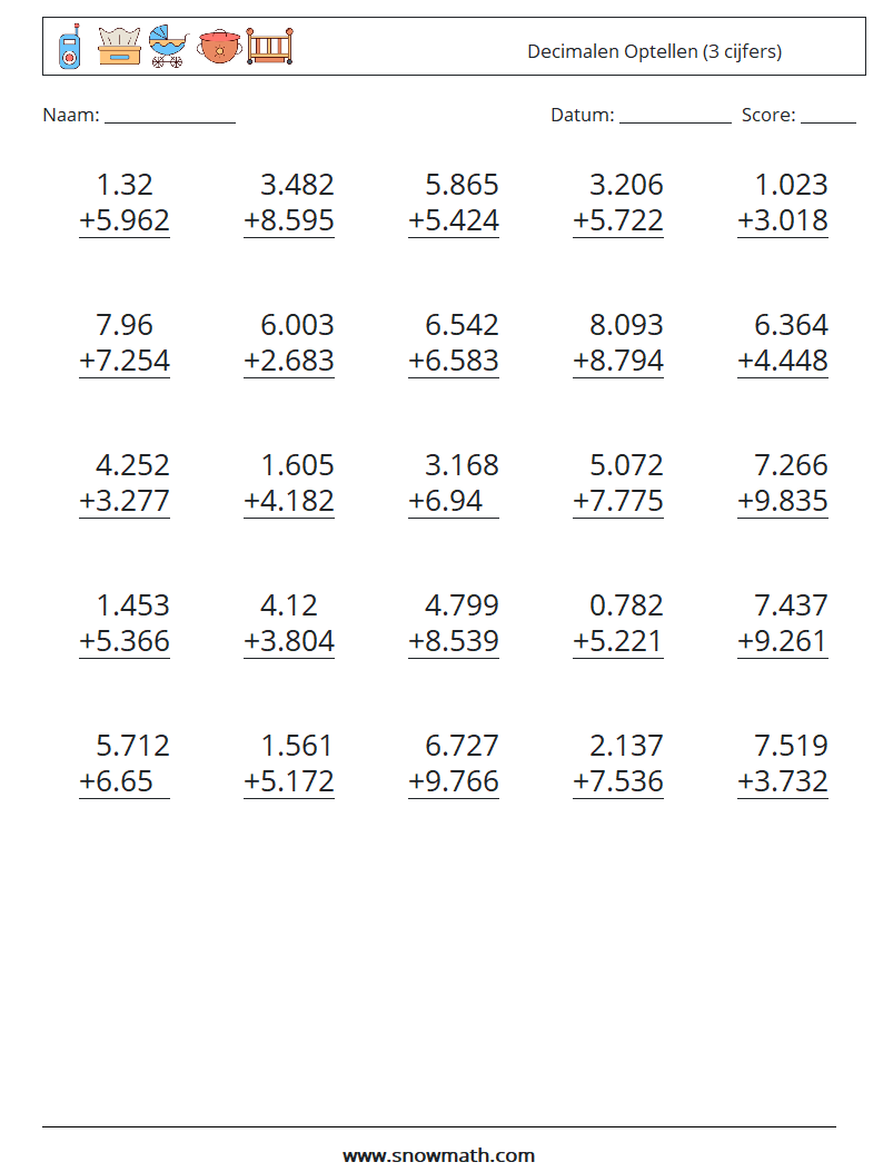(25) Decimalen Optellen (3 cijfers) Wiskundige werkbladen 11