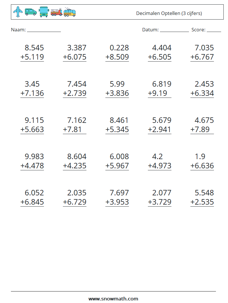 (25) Decimalen Optellen (3 cijfers) Wiskundige werkbladen 12